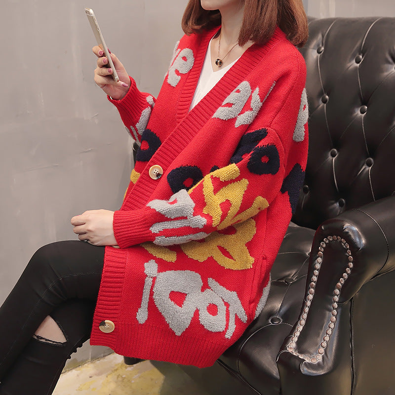 Foreign Trade Korean Style Loose and Idle Style Letter V-neck Mid-length Sweater