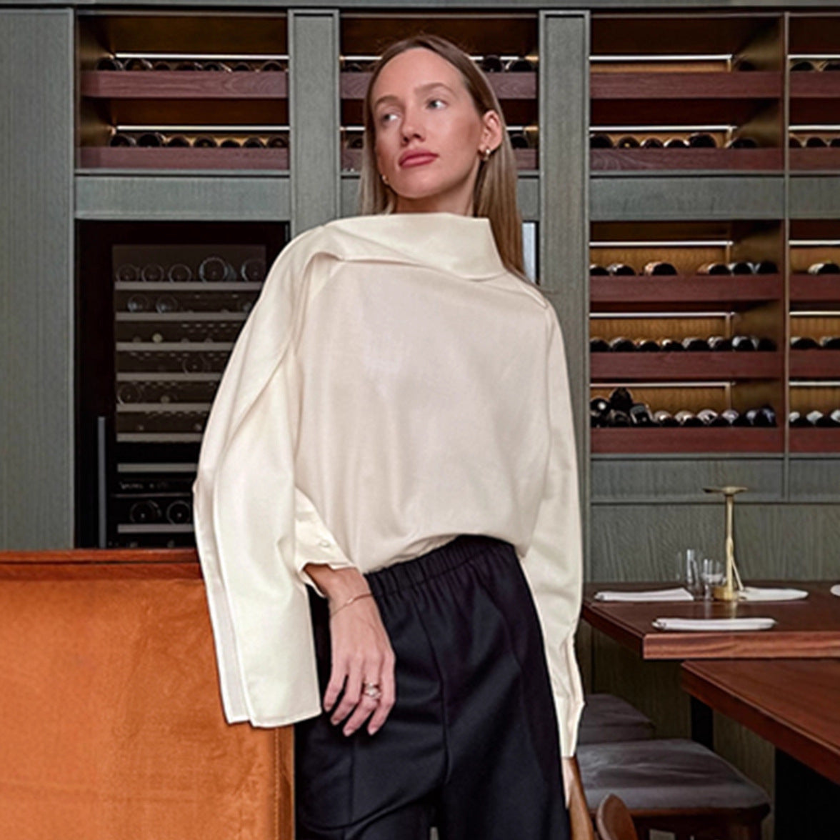 Elegant Apricot Ribbon‑Tie Long‑Sleeve Blouse – Flowy Pullover