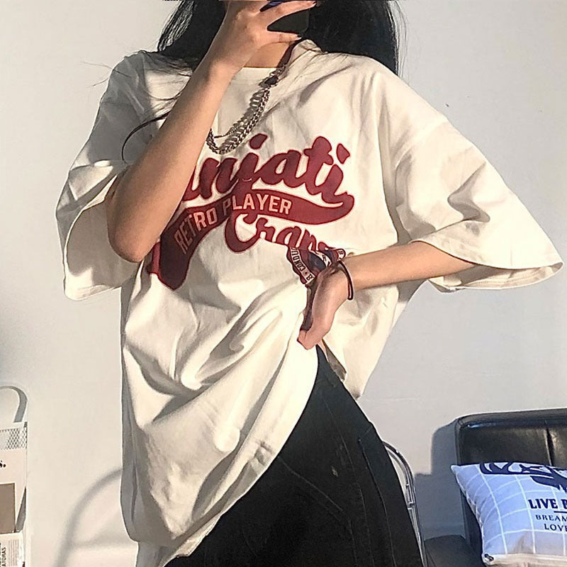 Chic White Letter Print Half Sleeve Top