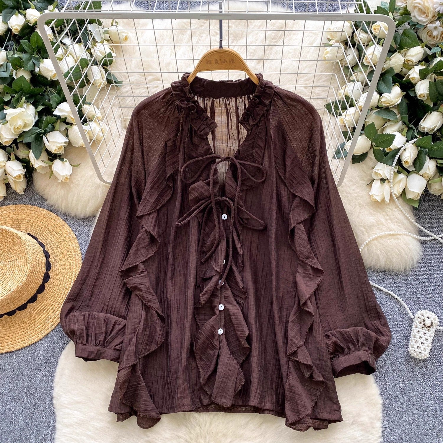 Elegant V-Neck Ruffled Lantern Sleeve Blouse – Flirty Long-Sleeve