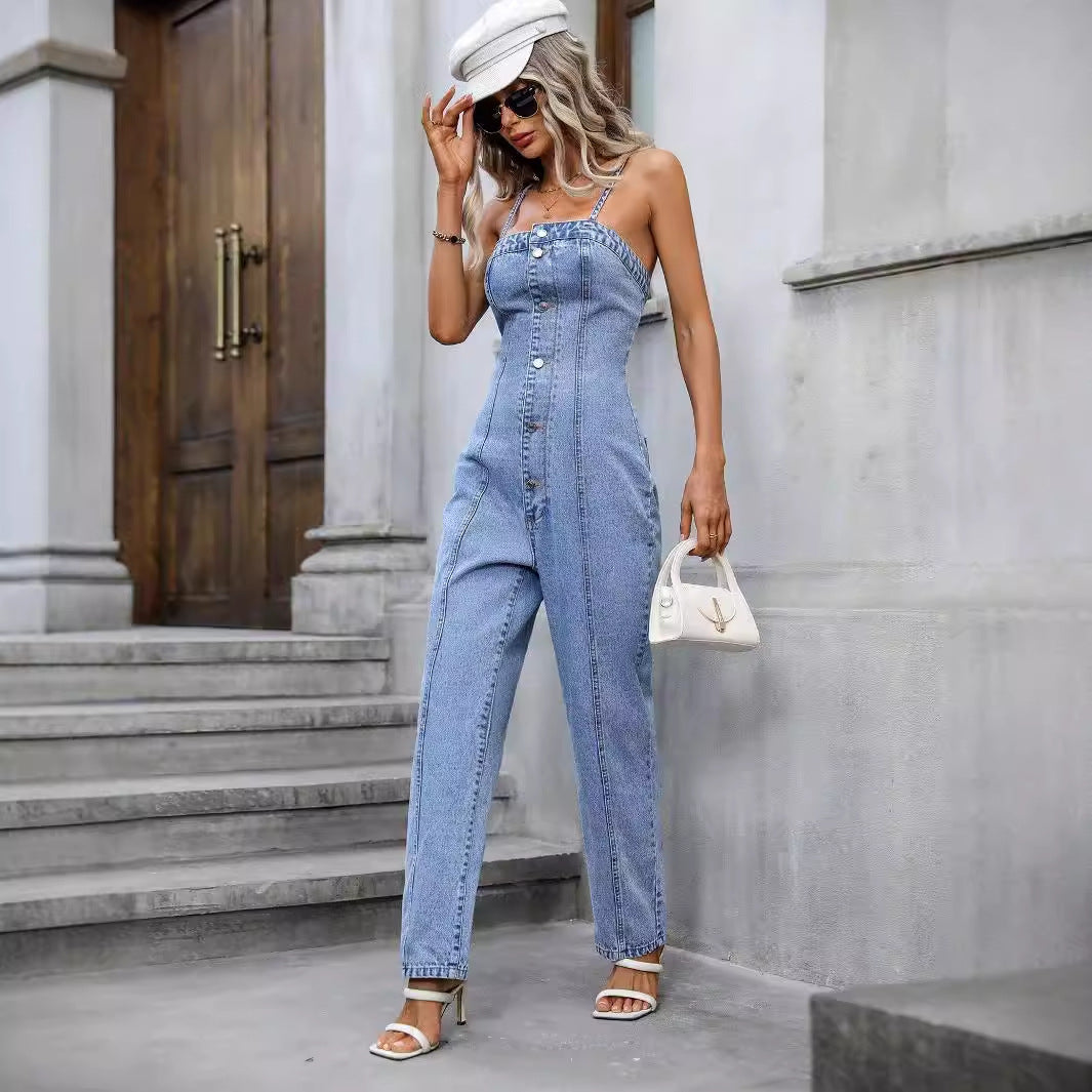 Women's Trendy Backless Denim Sling Jumpsuit