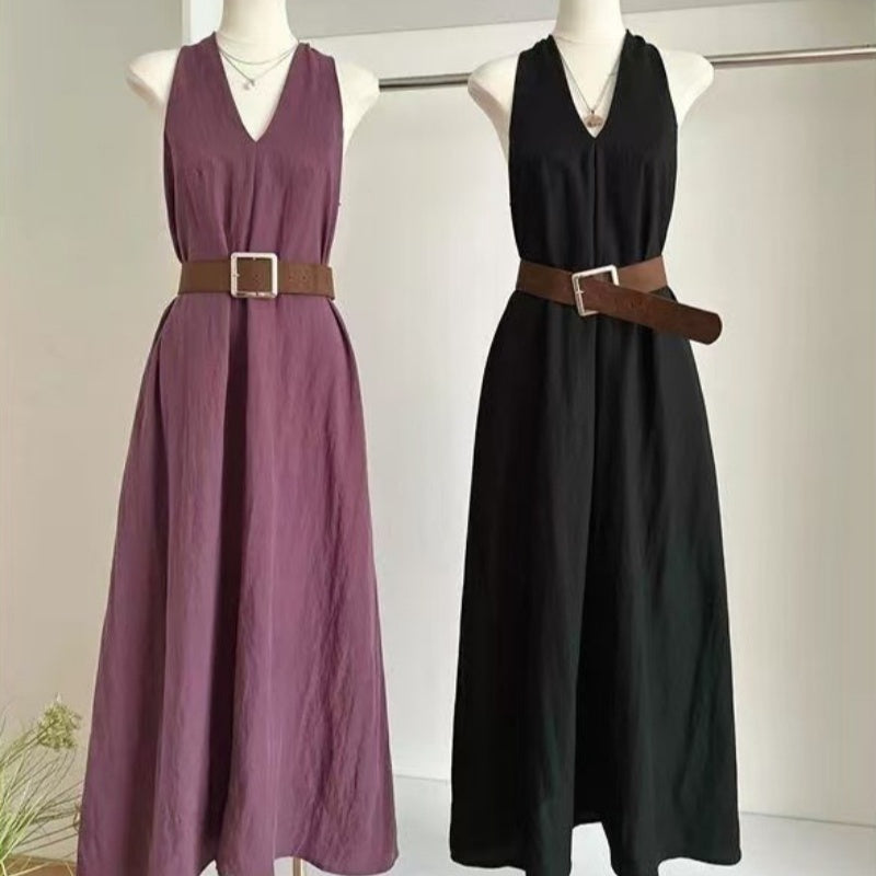 Womens Summer Purple Halterneck Backless V-neck Dress
