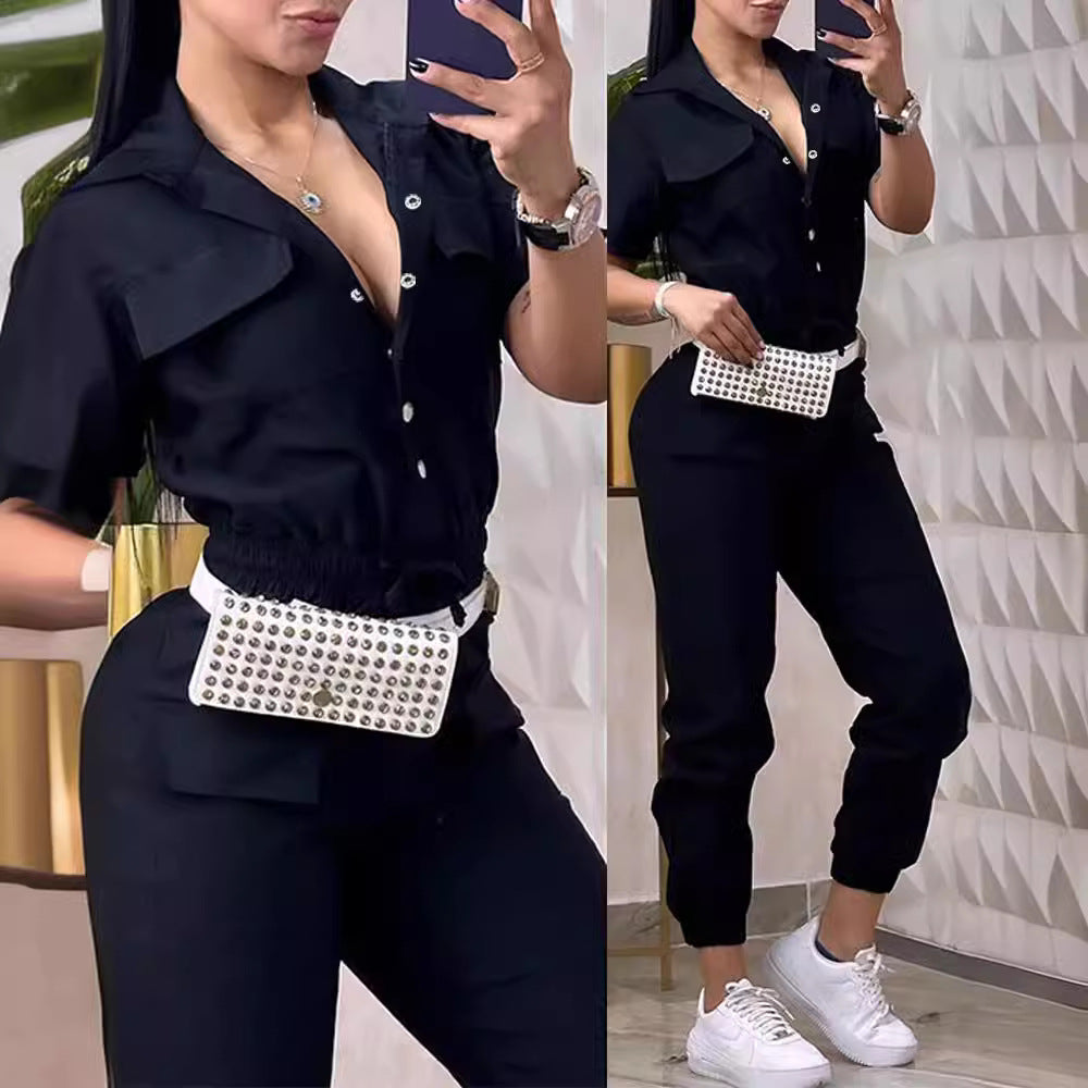 Women's Casual Multi-Pocket Elastic Waist Cargo Overalls