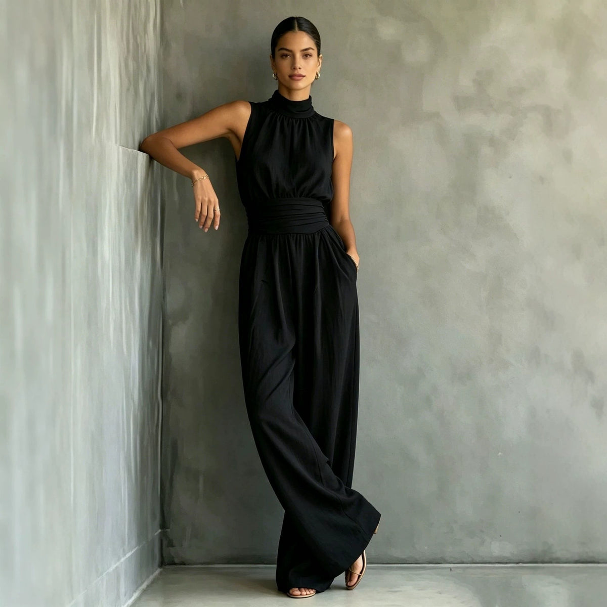 Chic Sleeveless Mock-Neck Wide-Leg Casual Jumpsuit