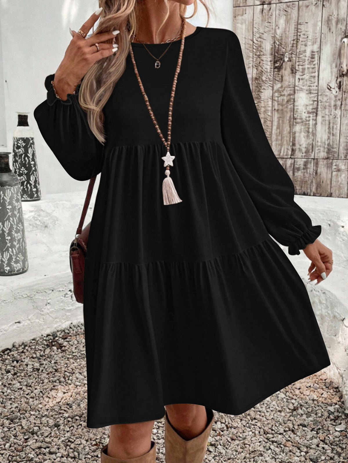 Women's Casual Long Sleeve Tiered Ruffle Midi Dress