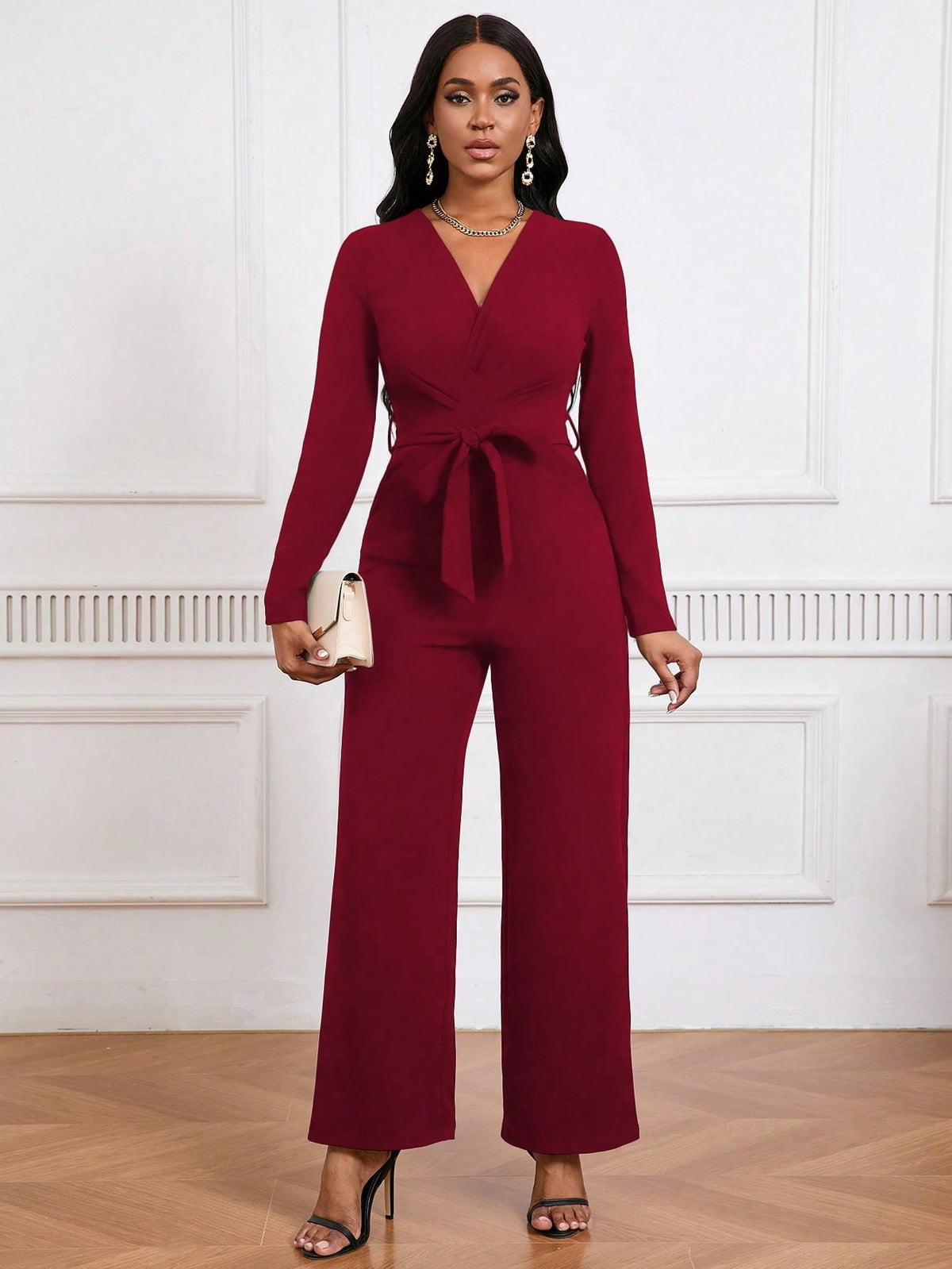 Elegant V-Neck Long Sleeve Straight Commuting Jumpsuit