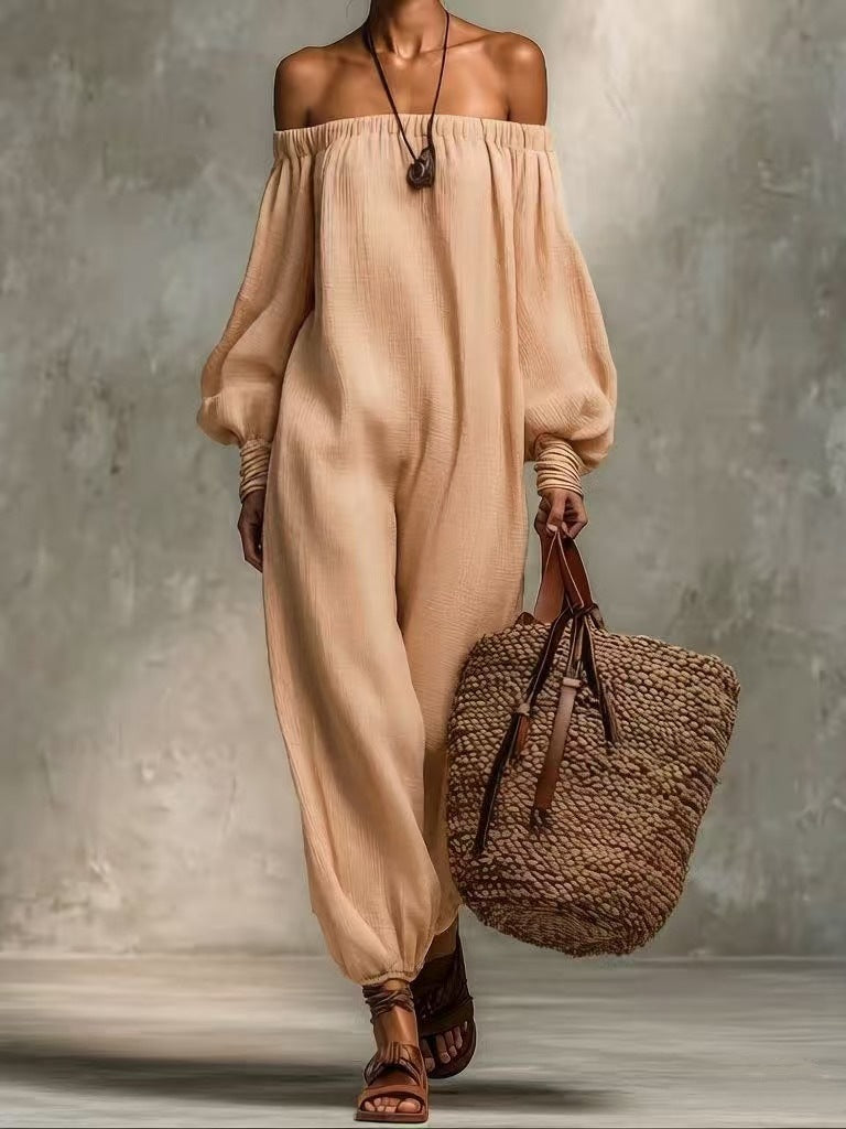 Summer Solid Colored Cotton Linen Off Shoulder Jumpsuit Harem Pants