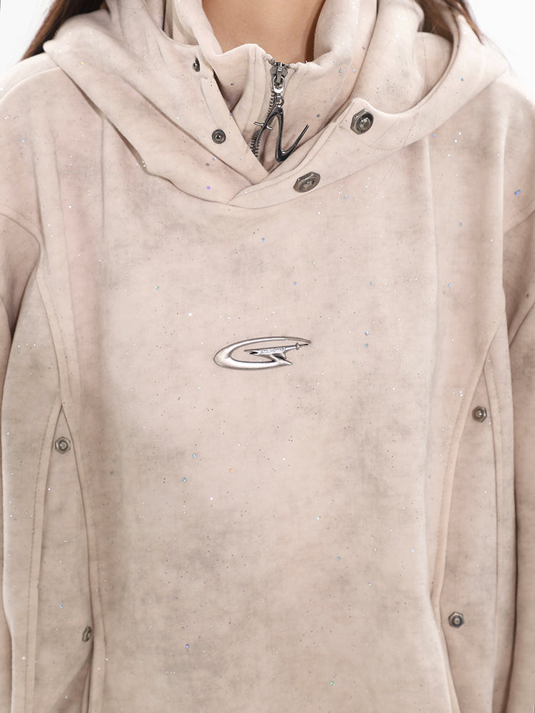 Double-Layer Hooded Turtleneck Pleated Couple's Sweater