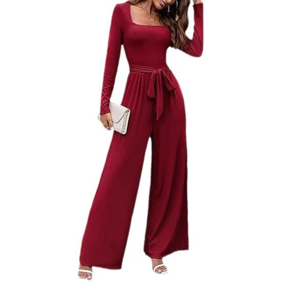 Chic Square-Neck Long-Sleeve Wide-Leg Jumpsuit with Belt