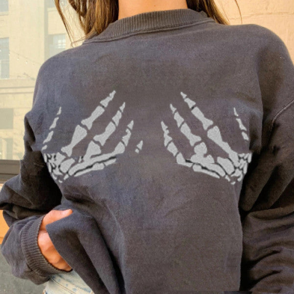 Edgy Bone Hand Print Loose Pullover Sweater
