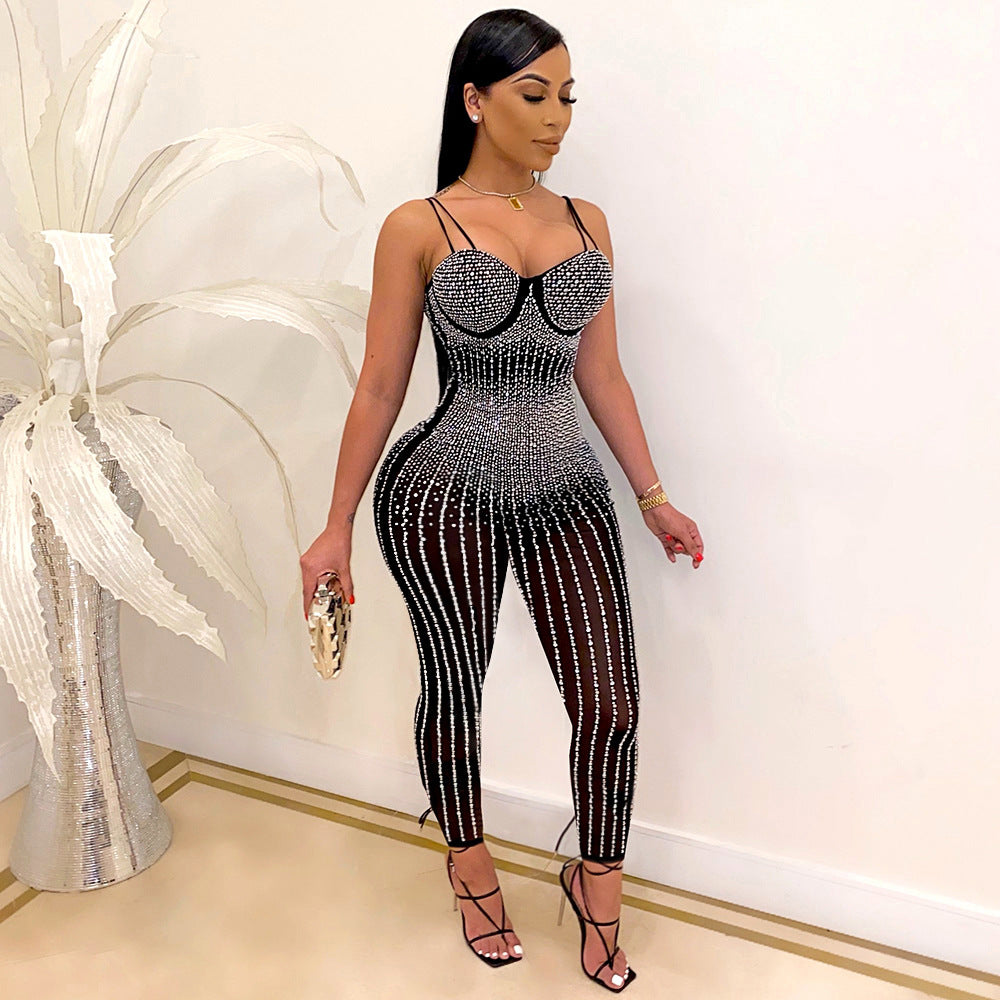 Sparkly Rhinestone Mesh Sleeveless Jumpsuit