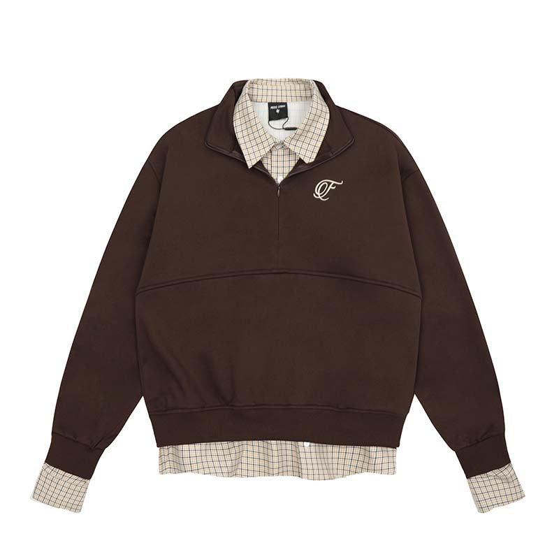 Plaid Stitching Brushed Hoodie with Fake Two-Piece Design