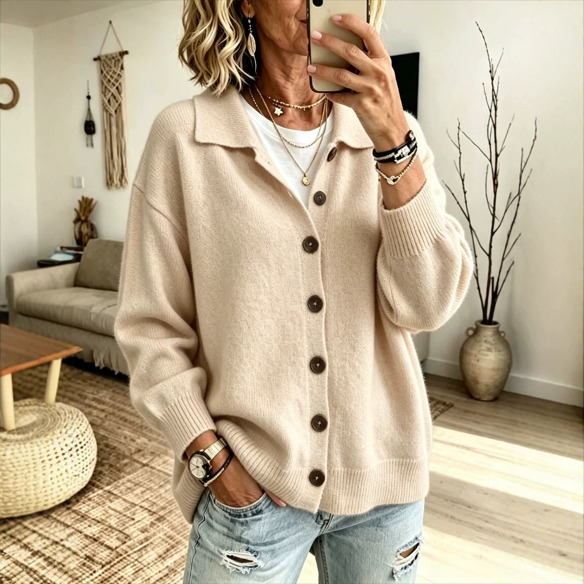 Knitted Cardigan with Buttons and a Lapel Womens Outerwear
