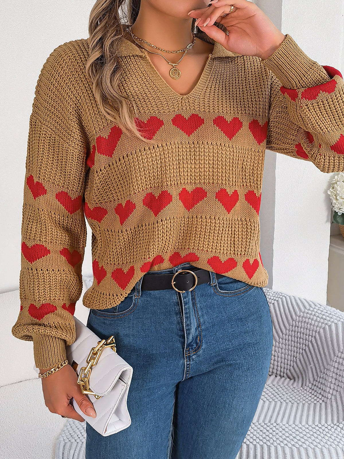 Women Casual V-neck Lantern Sleeve Color Block Heart Pullover Sweater