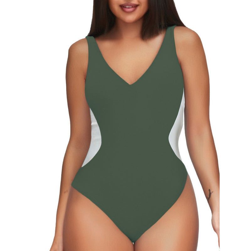 Women's One-piece Deep V Contrast Color Swimsuit