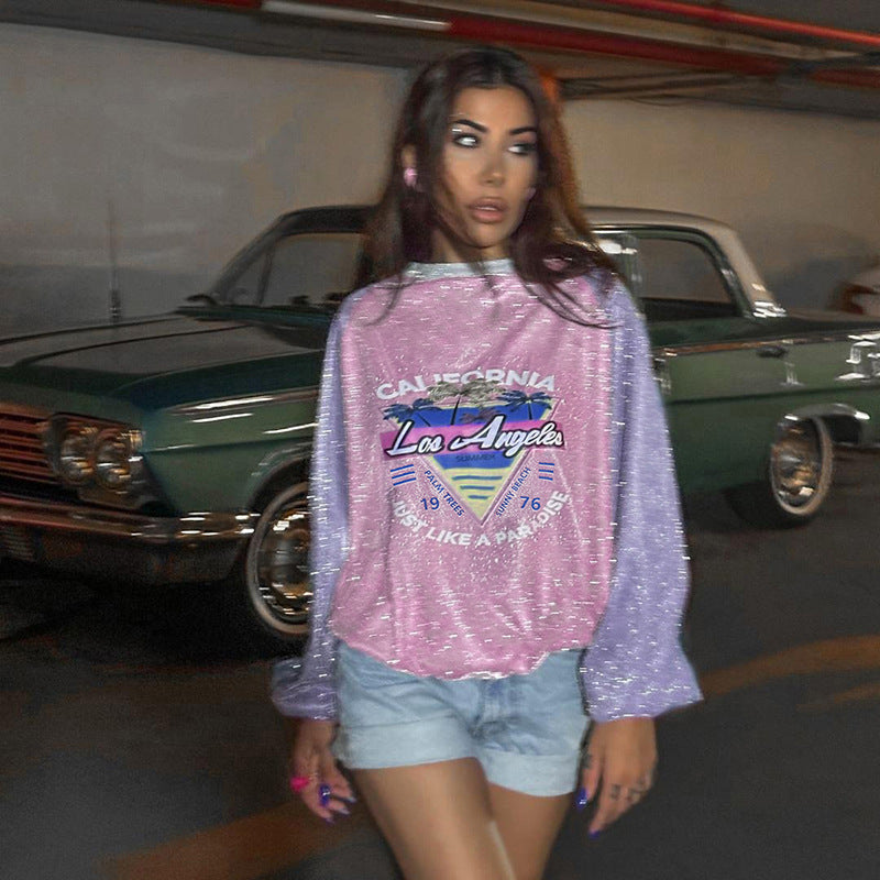 Women's Colorblock Long-Sleeve Printed Pullover Top