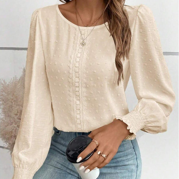 Womens Casual Top With Dotted Lace Trim And Lantern Sleeves