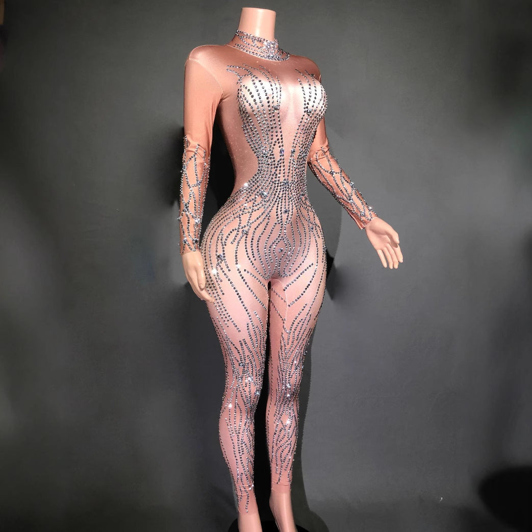 Women's Sparkly Rhinestone Striped Tight Jumpsuit