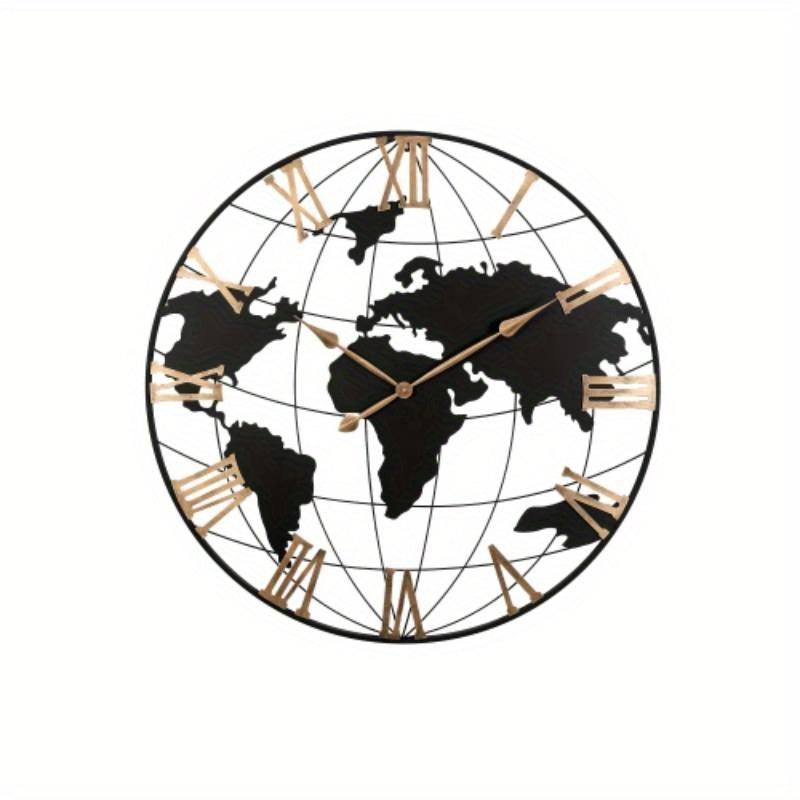 36 Inch Extra Giant Large Black Metal Wall Clock, Modern Silent World Map Wall Clock with Vintage Golden Roman Numeral, Decorative for Living Room, Entryway, Dinning Room, Bedroom