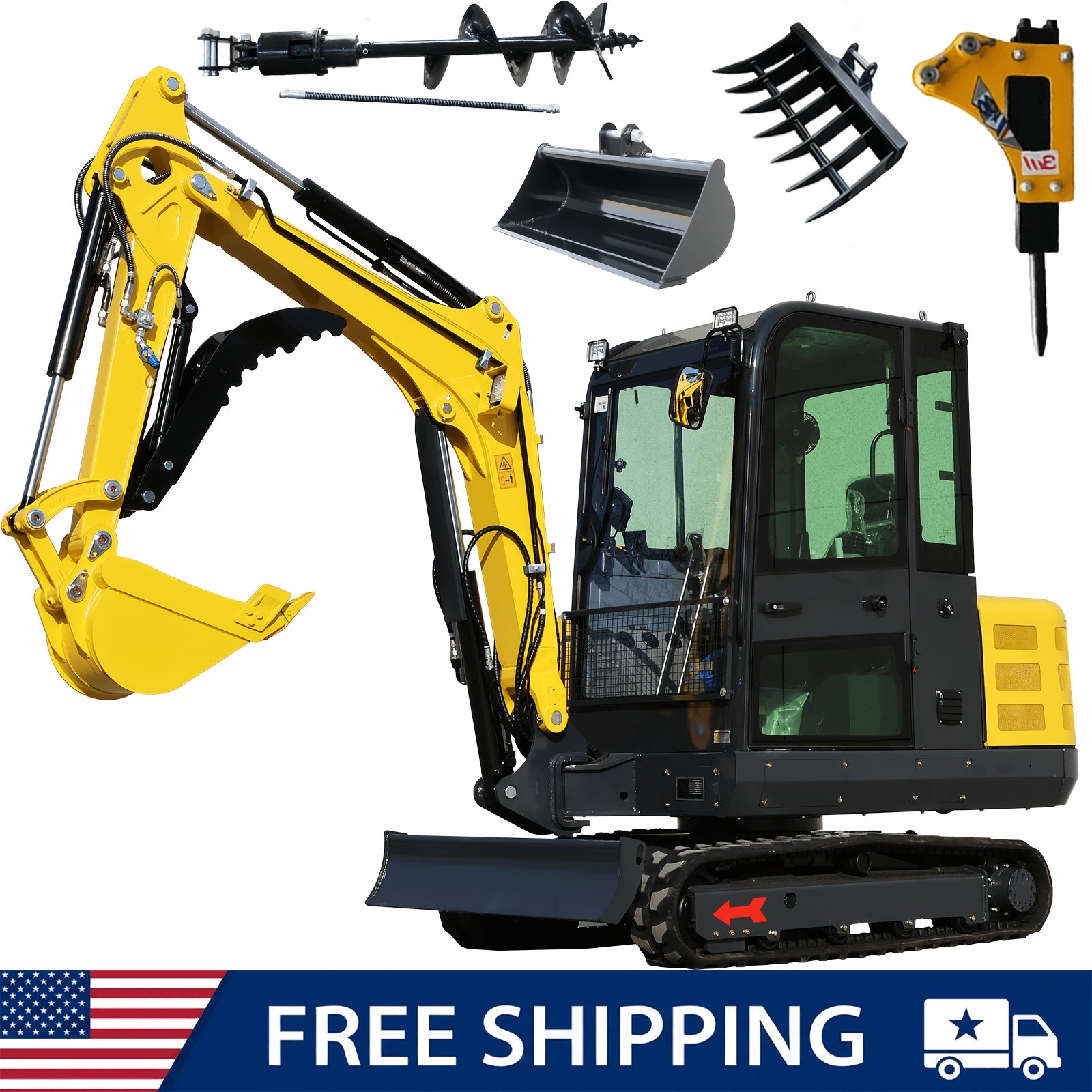 3.5‑Ton Compact Mini Excavator – 25 HP Diesel Engine – Includes Rake, Hydraulic Breaker, Auger Drill, Wide Mud Bucket, and Hydraulic Thumb Clip