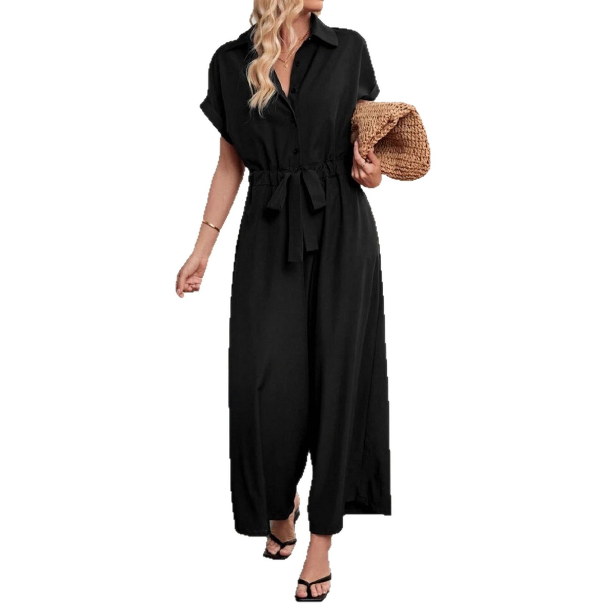 Women's Casual Polo Collar Wide-Leg Lace-Up Jumpsuit