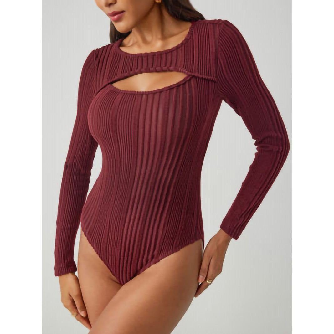 Ribbed Hollow-Out Long Sleeve Slim Romper
