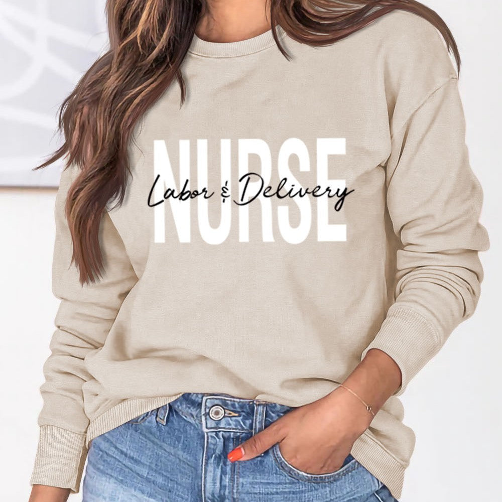 Plus Size Letter Print Long Sleeve Round Neck Casual Sweater