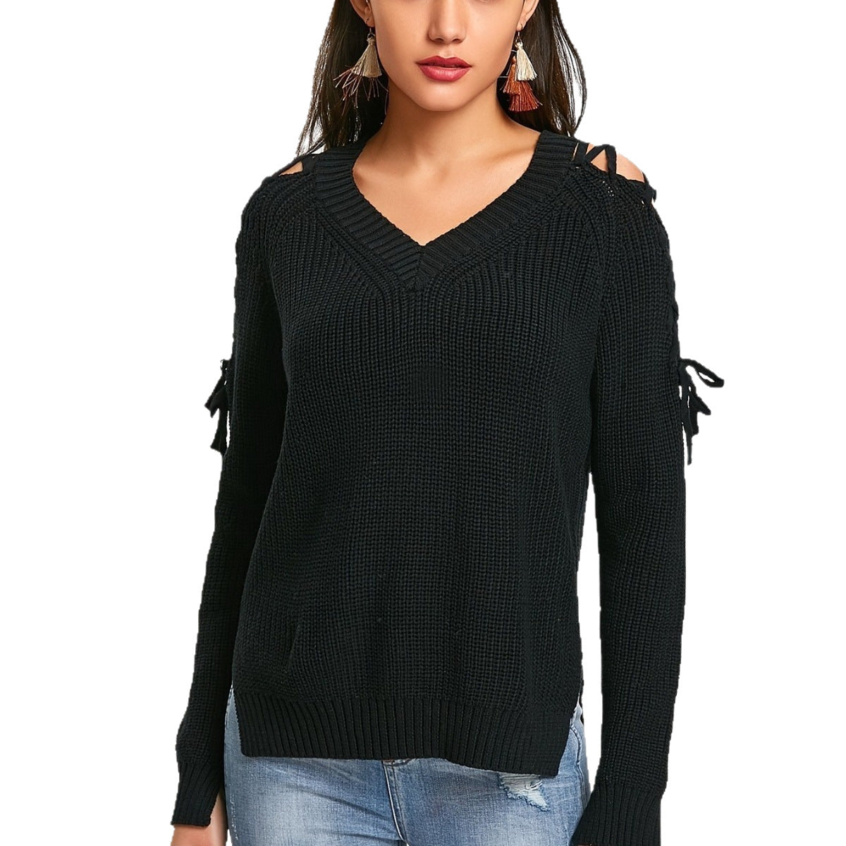 Hollow Knit Sweater Women Long Sleeve Tie Loose V-neck