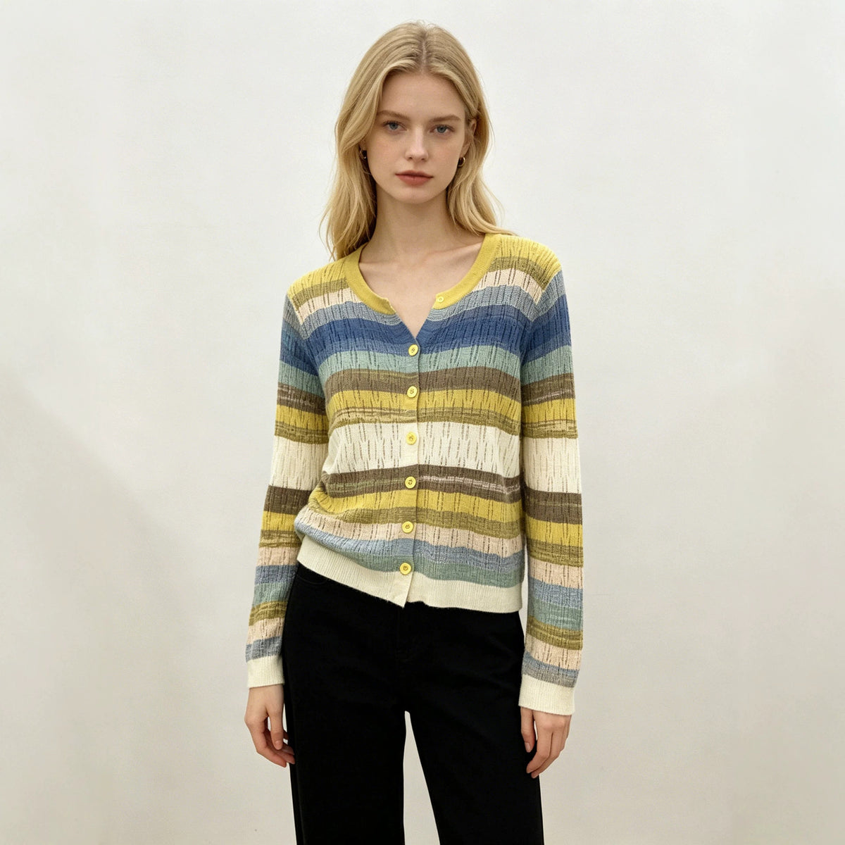 Womens Hollow-out Color-block Striped V-neck Knitted Cardigan Top