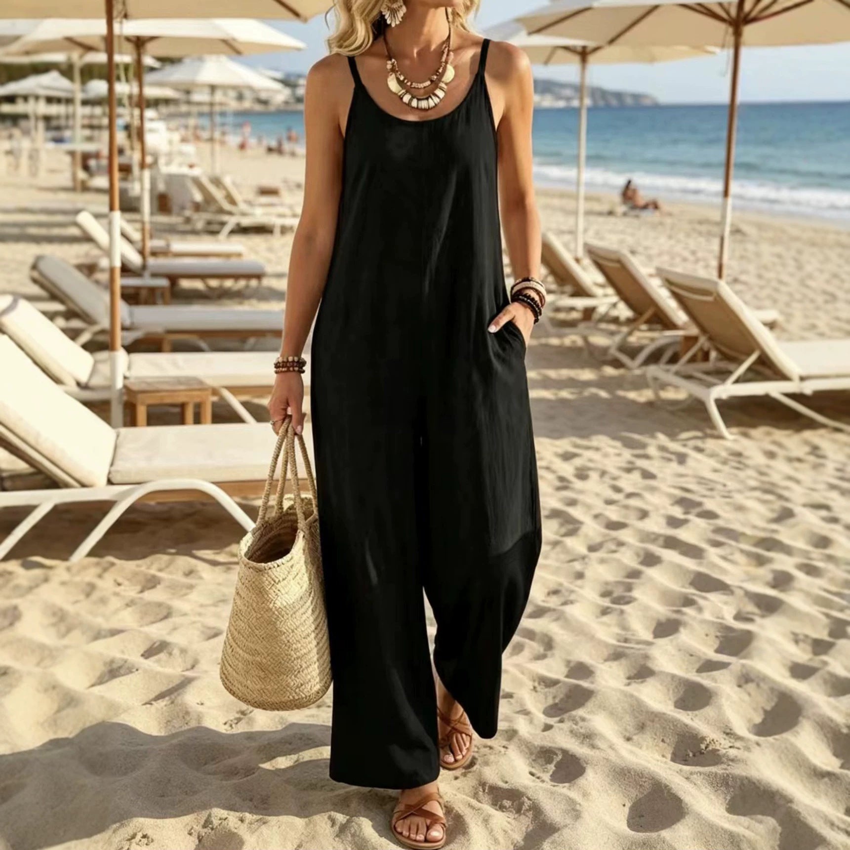 Womens Casual Resort-style Loose-fit Strap Solid-color Jumpsuit