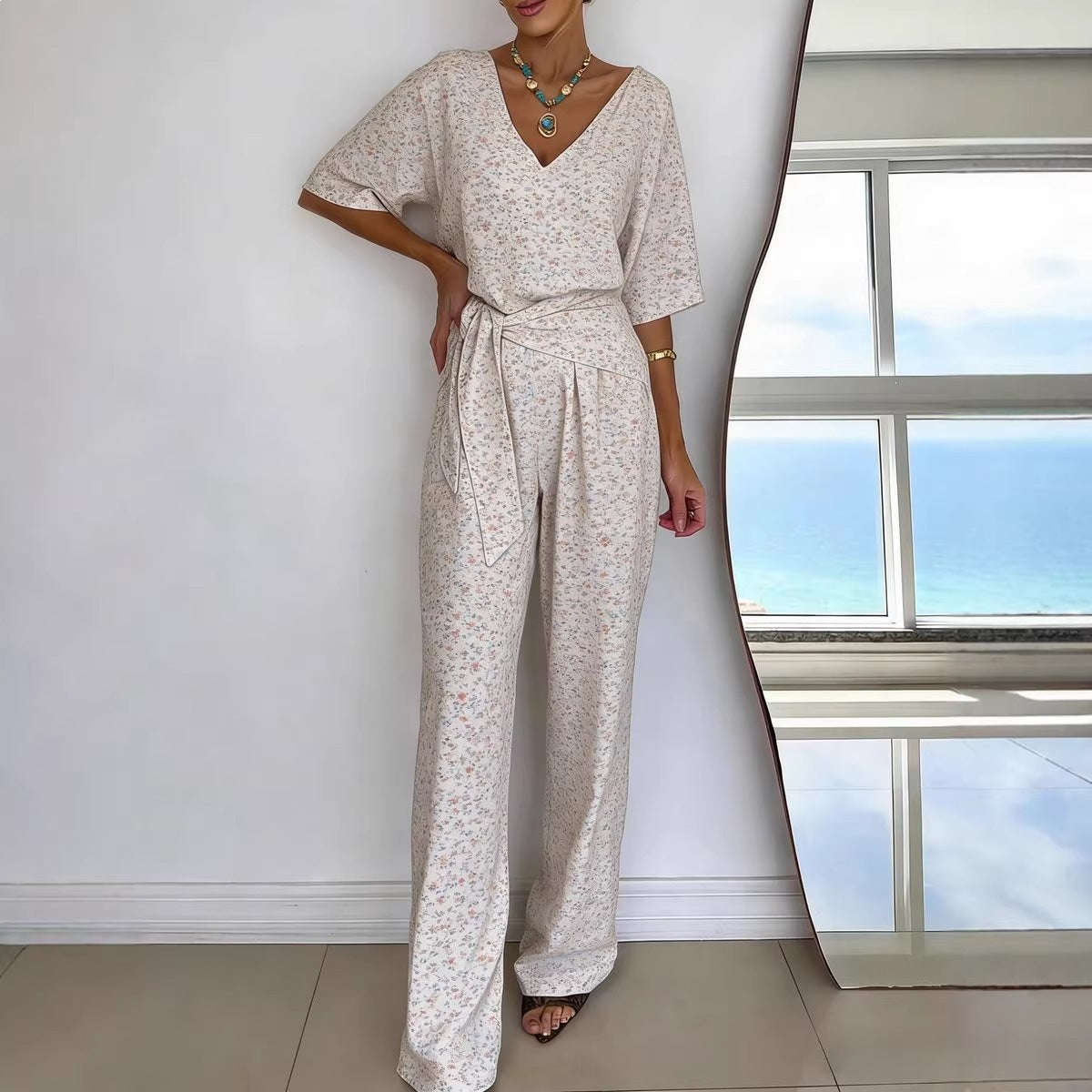 Chic V-Neck Belted Casual Jumpsuit