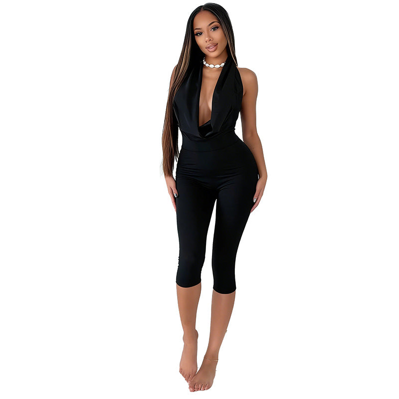 Solid-color Strap-tied Hip-hugging Capri Jumpsuit