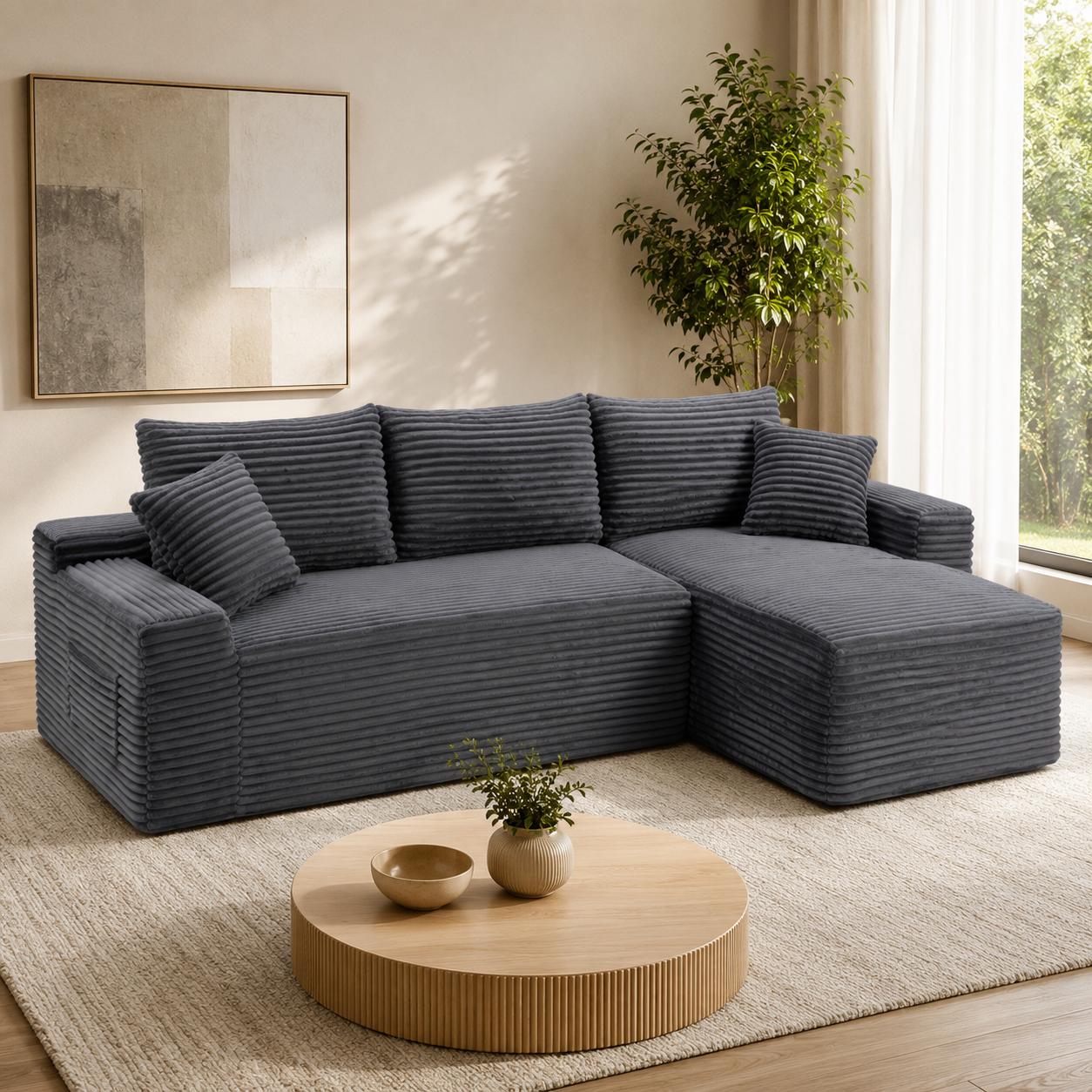 Left chaise L-shaped sectional sofa with memory foam cushions and corduroy upholstery