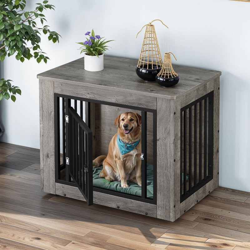 2-In-1 Dog Crate Furniture, 30 In Iron-Wood Indoor Dog Cage Table With Steel Lock And Waterproof Top, Gray