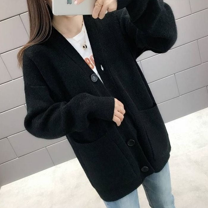 Cozy Preppy Knit Cardigan - Chic Loose Button-Up Sweater