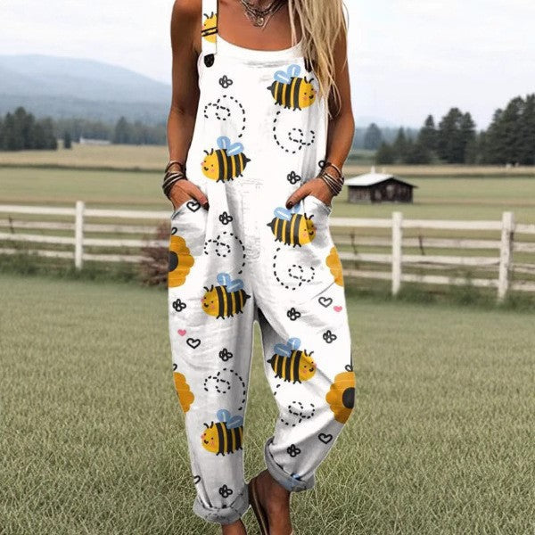 Women's Sweet Digital Print Button Suspender Casual Pants
