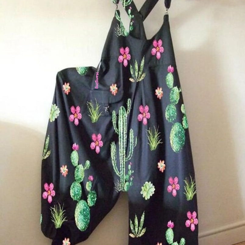 Womens Floral-Print Loose Casual Suspender Jumpsuit With Buckles