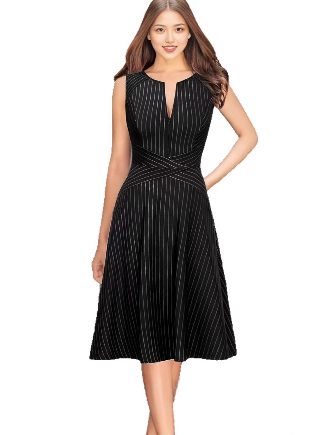 Sleeveless Waist-cinched A-line Dress with a Deep V-neck