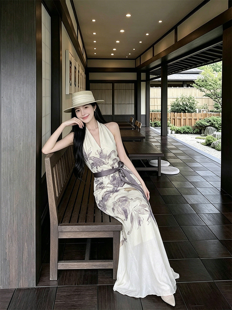 Elegant V-Neck Halter Sleeveless Geometric Maxi Dress