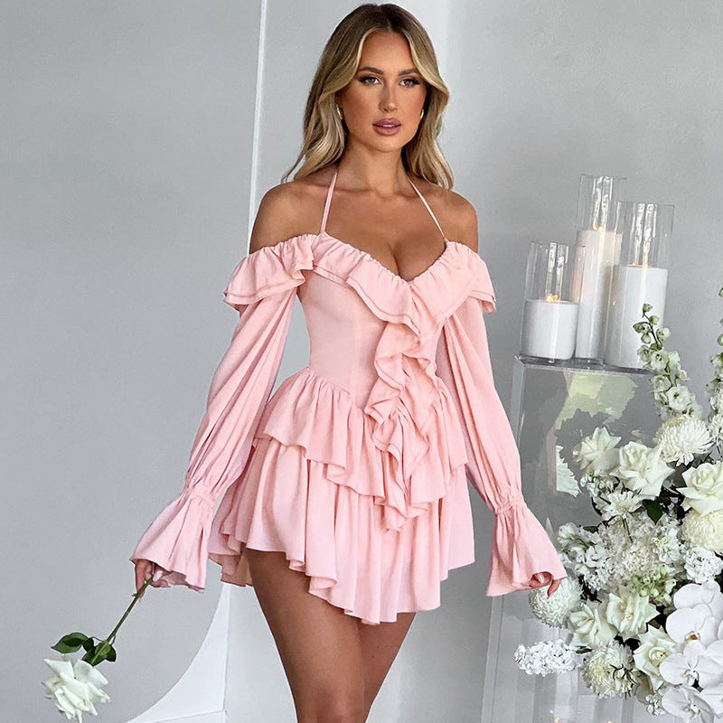 Women's Ruffled Long-Sleeve Romper Shorts