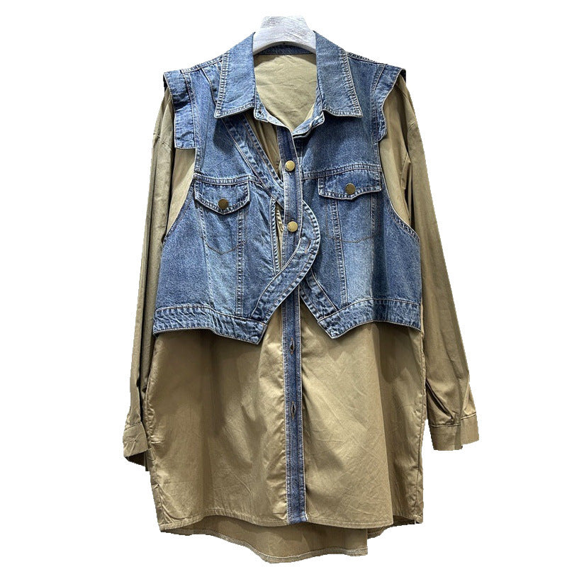 Design Sense Fake Two Pieces Denim Shirt Jacket Women