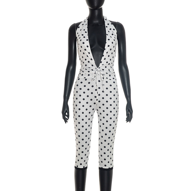 Sexy Polka-dot Halter-neck Backless Tie-detail Jumpsuit