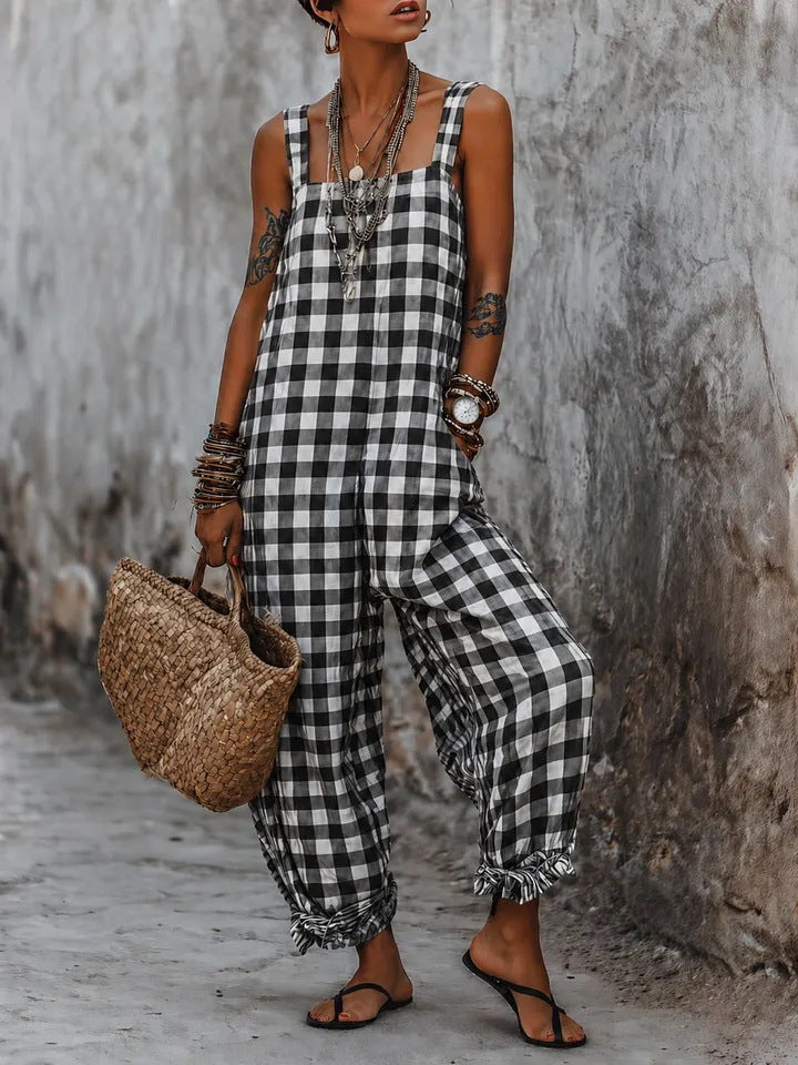 Women's Plaid Sleeveless Wide-Leg Jumpsuit