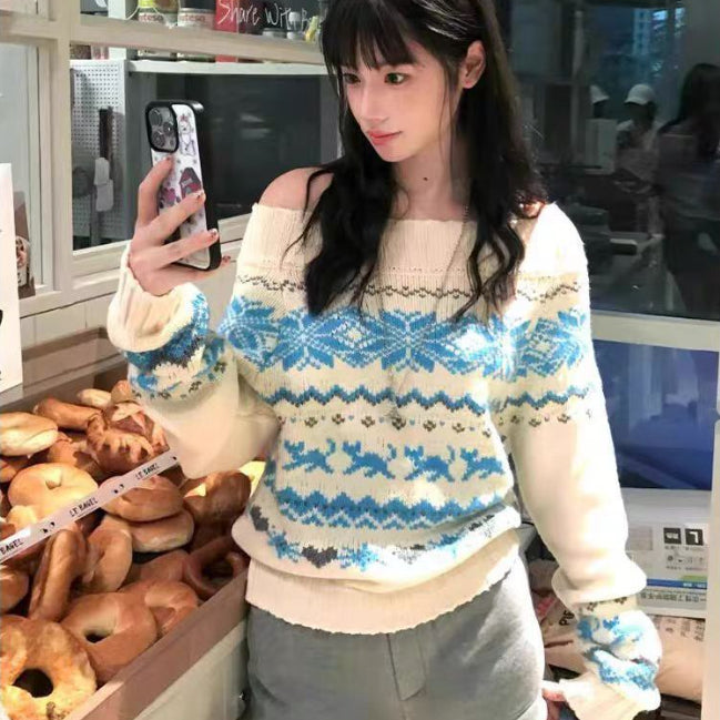 Off-shoulder Sweater Women's Vintage Knit Top