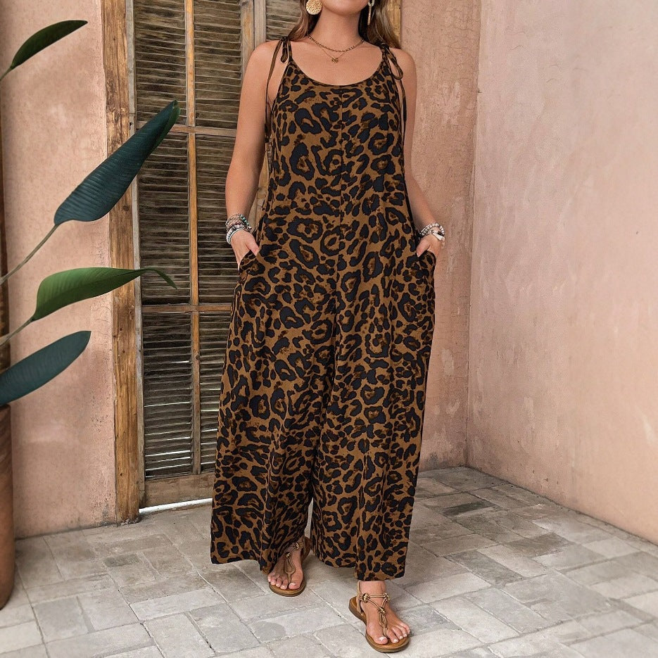 Leopard-print Strap Jumpsuit Plus-size Womens Clothing
