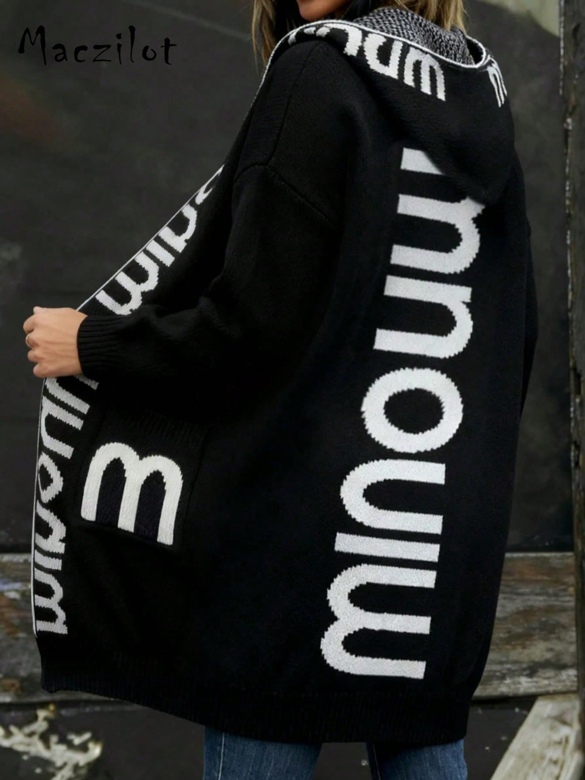 Women Loose Mid-length Hooded Knit Cardigan, Contrast Letter Jacquard Pockets Lazy Style Thick Sweater Coat for Fall Winter