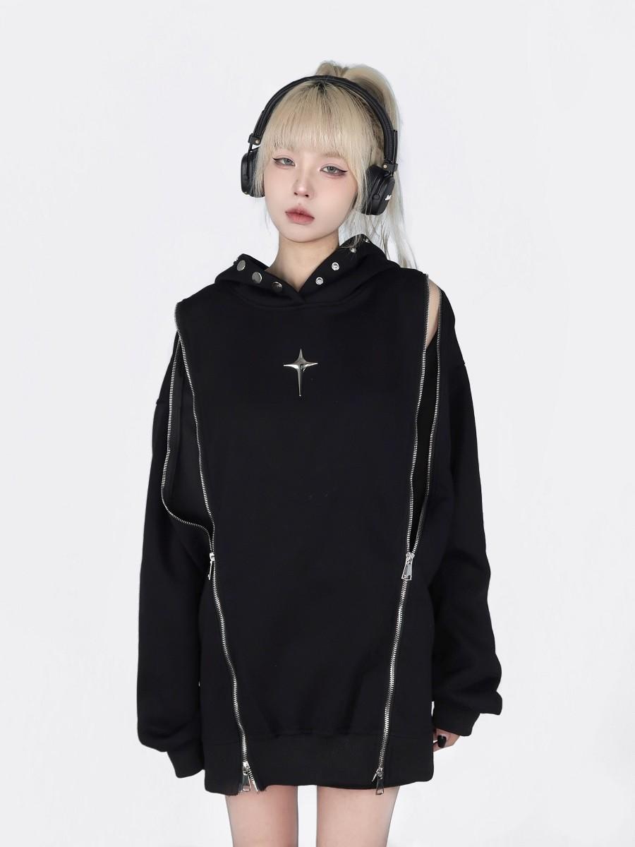Edgy Cold-Shoulder Hollow Out Zip-Up Hoodie