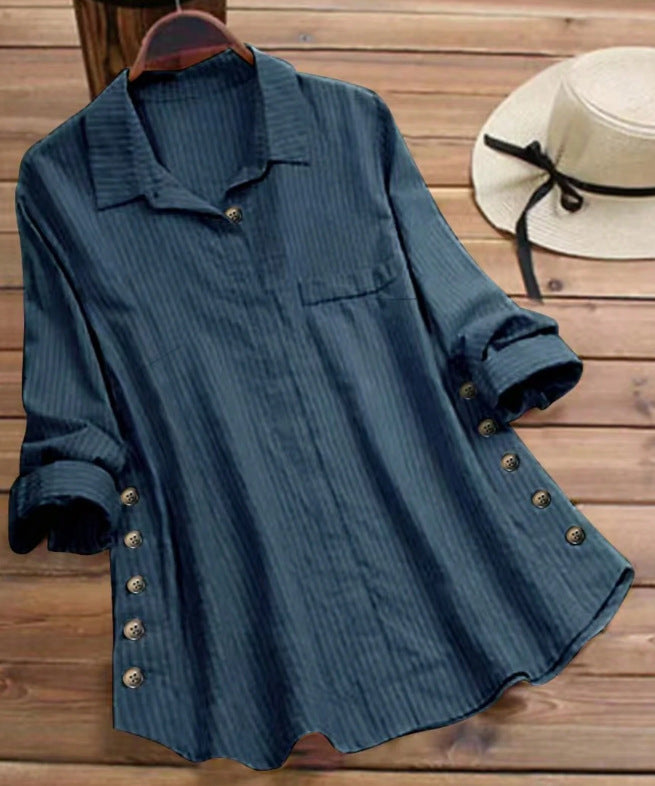 New Women's Solid Color Striped Button Top