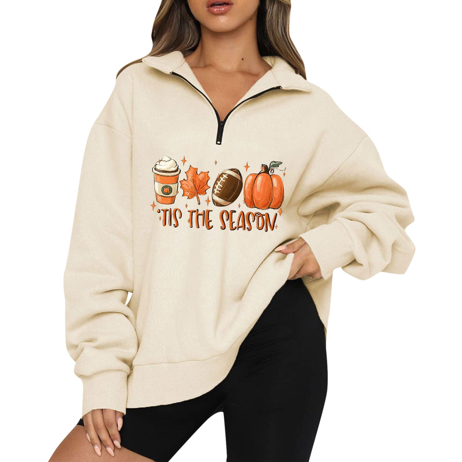 Halloween Pumpkin Print Casual Zipper Sweatshirt