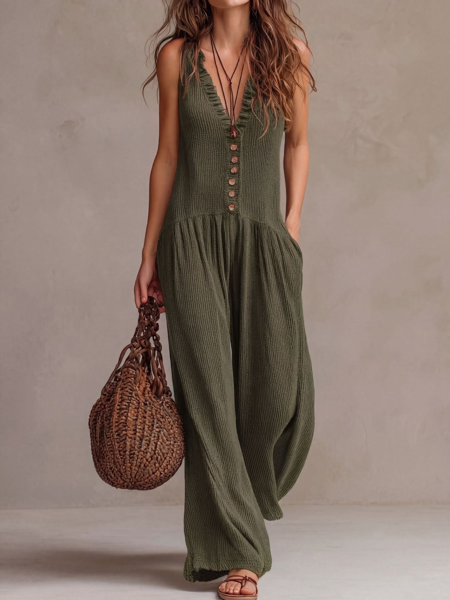 Women's Loose V-Neck Sleeveless Wide-Leg Jumpsuit